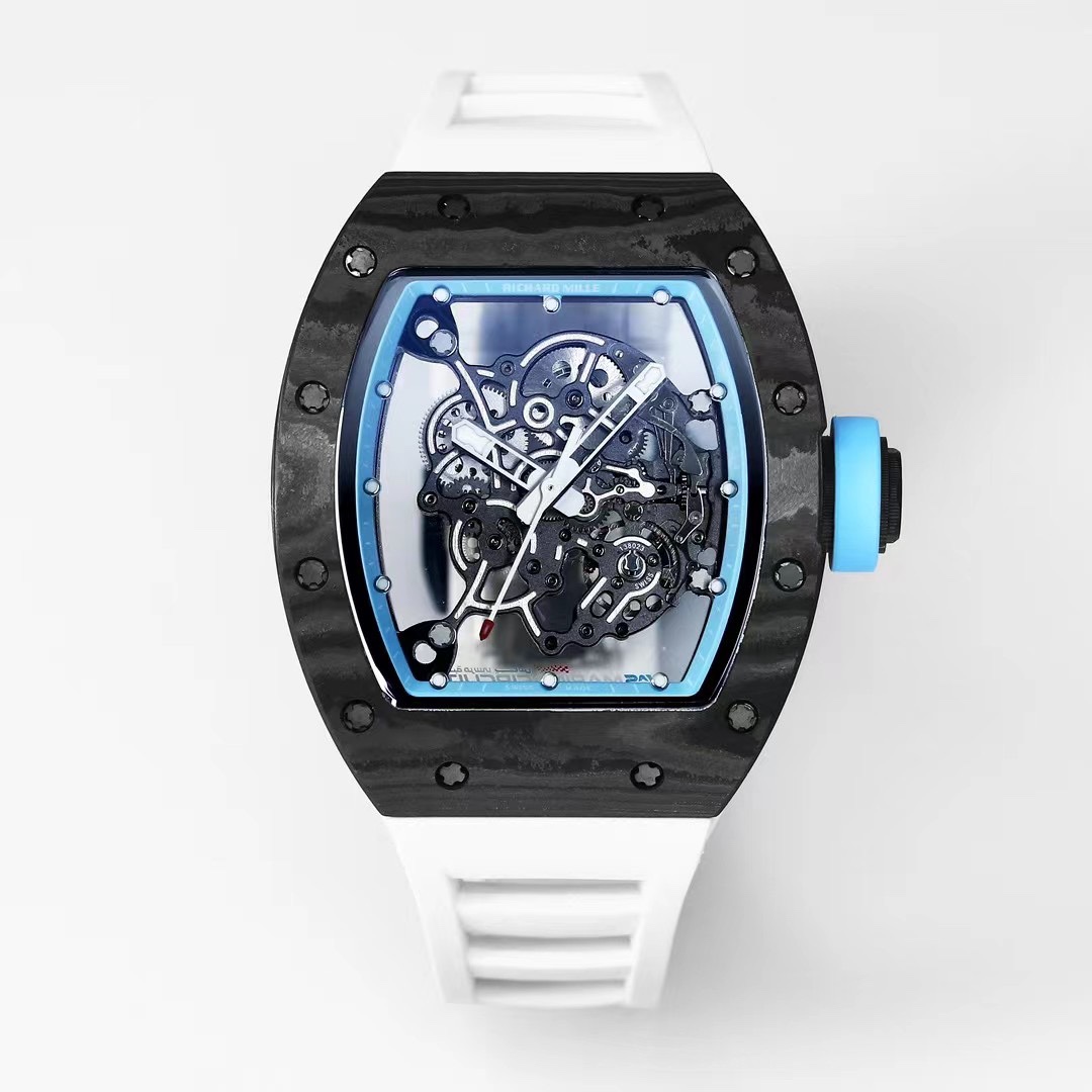 Best Replica RICHARD MILLE RM 055 Skeleton Watch – Swiss Movement Super Clone, Carbon Fiber Case, Sporty White Rubber Strap - Image 2