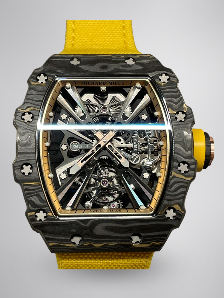 Swiss Replica Richard Mille RM 12-01 Tourbillon Watch – Bold Yellow Fabric Strap, Carbon Fiber Barrel Case, Skeleton Dial