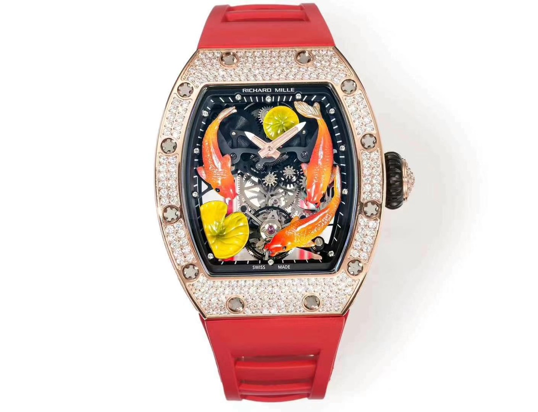 Replica Richard Mille RM S10 Koi Tourbillon Watch Rose Gold with Diamond – Red Leather Strap - Image 9