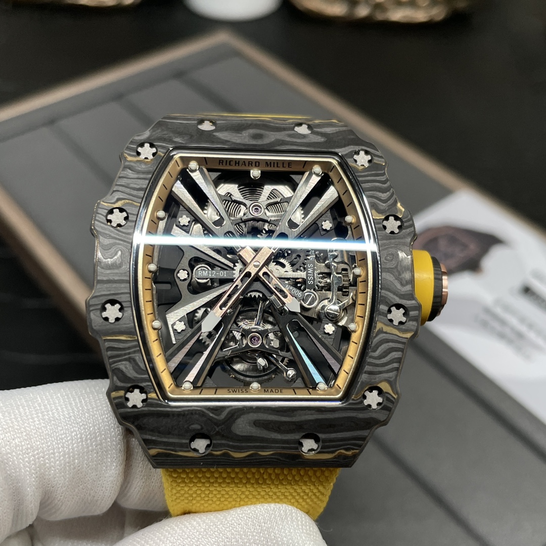 Swiss Replica Richard Mille RM 12-01 Tourbillon Watch – Bold Yellow Fabric Strap, Carbon Fiber Barrel Case, Skeleton Dial - Image 5