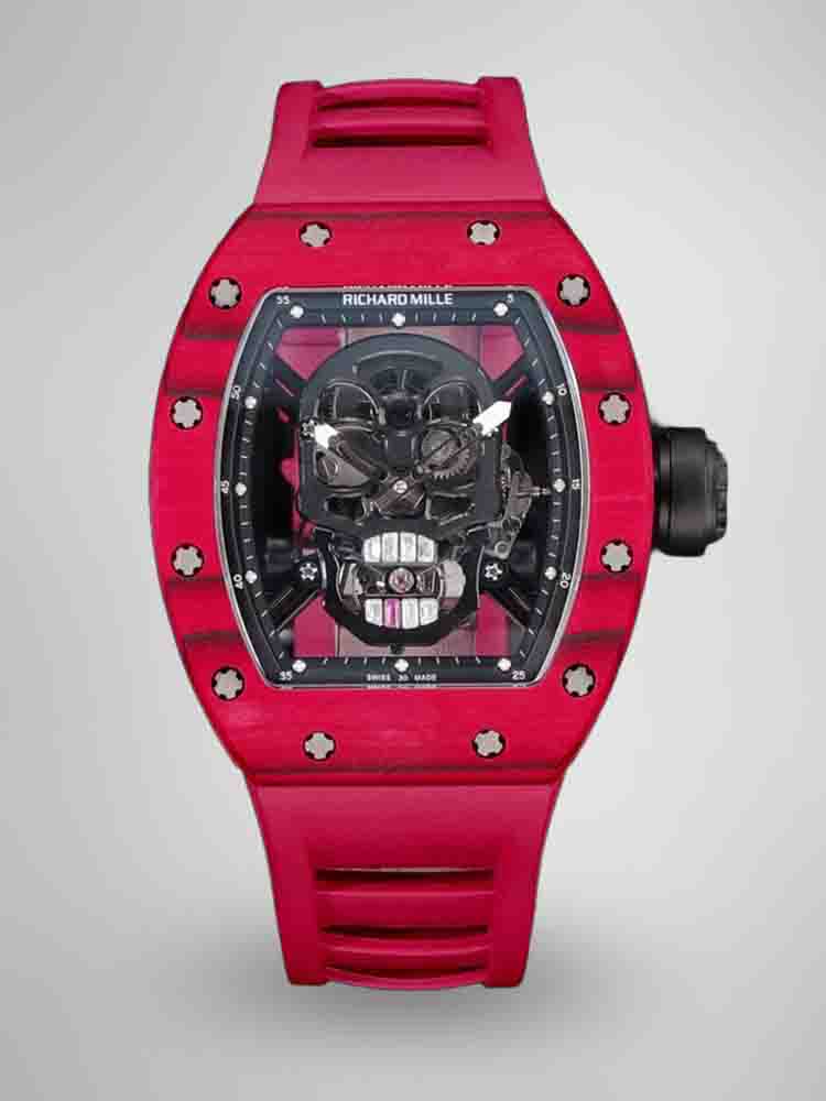 Best Richard Mille RM52-01 Replica – Red Rubber Strap, Skeleton Dial, Swiss Tourbillon, Carbon Fiber Case