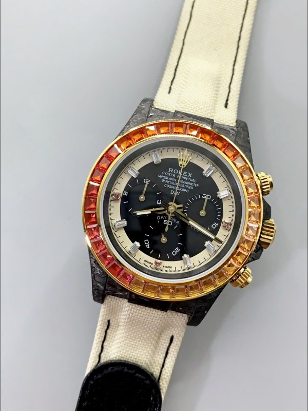 Rolex Daytona DiW Carbon Edition Rainbow Bezel – Forged Carbon Casing Beige Strap(1:1Super Clone ) - Image 4