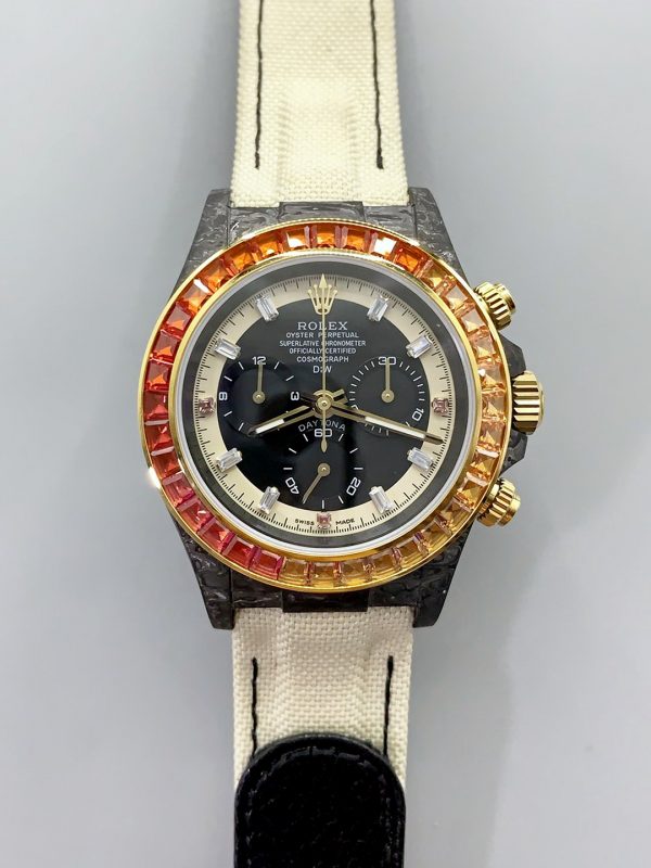 Rolex Daytona DiW Carbon Edition Rainbow Bezel – Forged Carbon Casing Beige Strap(1:1Super Clone )
