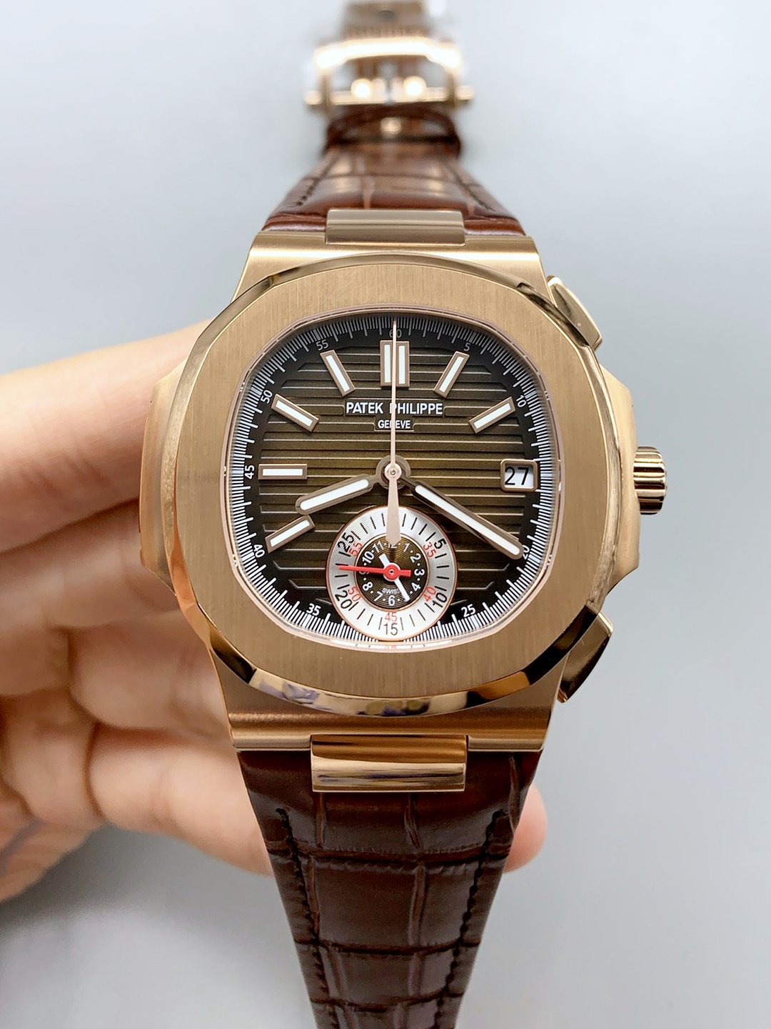 Patek Philippe Nautilus 5980/R Chronograph Rose Gold on 904L Steel Case in Brown Dial (1:1Super Clone)