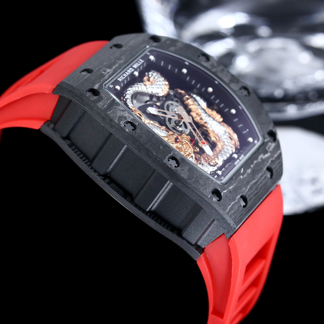 Swiss Replica Richard Mille RM 57-03 Dragon Skeleton Dial, Carbon Fiber Case, Red Rubber Strap Luxury Watch - Image 7