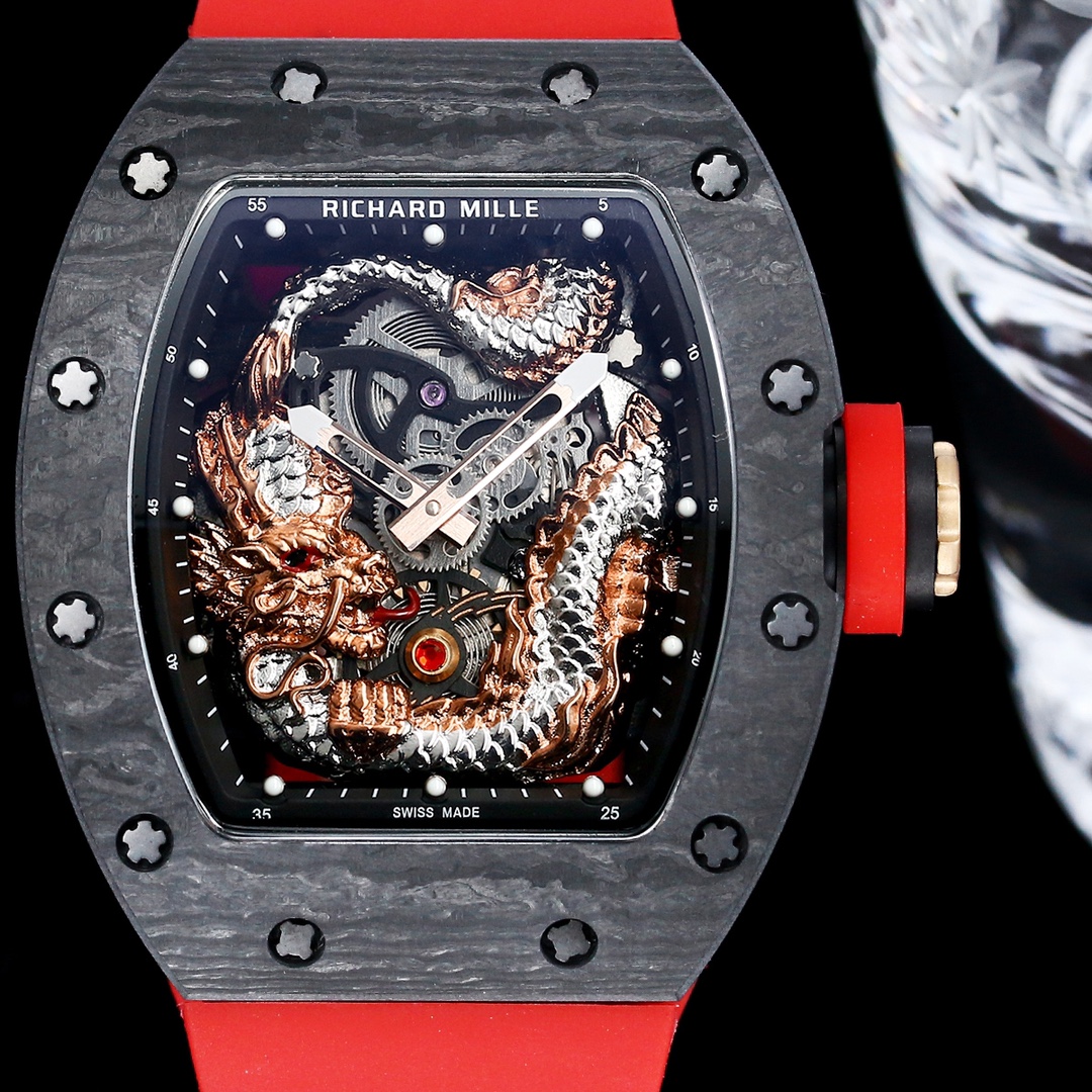 Swiss Replica Richard Mille RM 57-03 Dragon Skeleton Dial, Carbon Fiber Case, Red Rubber Strap Luxury Watch - Image 3