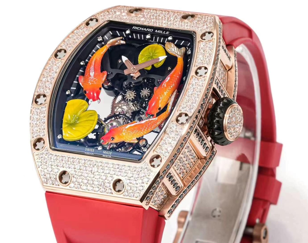 Replica Richard Mille RM S10 Koi Tourbillon Watch Rose Gold with Diamond – Red Leather Strap - Image 3