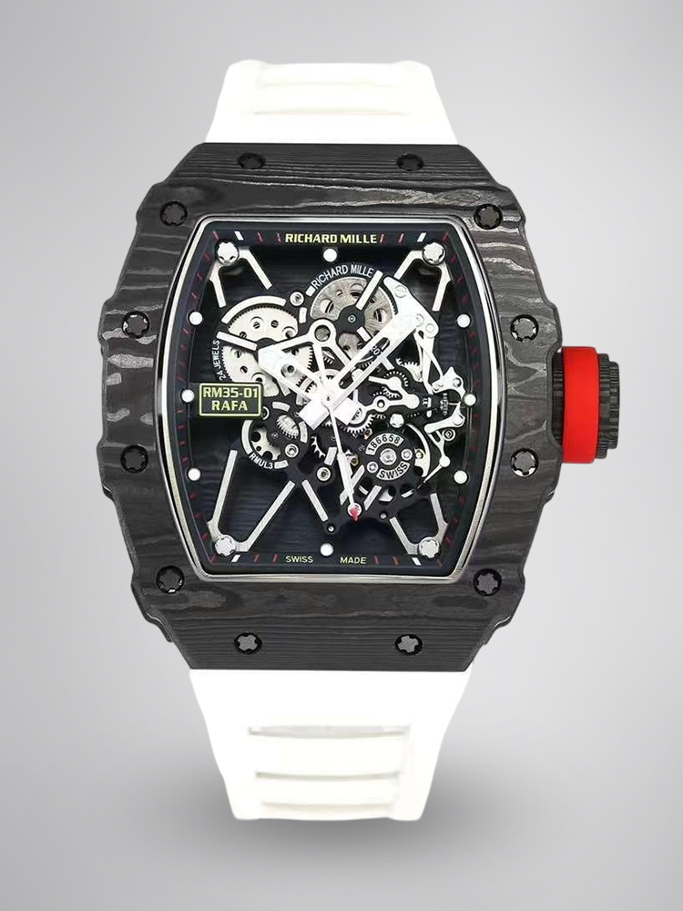 Top Swiss Replica Richard Mille RM35-01 – Carbon Fiber Case & White Rubber Strap