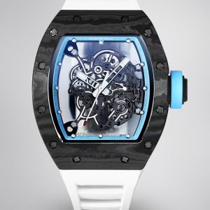 Best Replica RICHARD MILLE RM 055 Skeleton Watch – Swiss Movement Super Clone, Carbon Fiber Case, Sporty White Rubber Strap