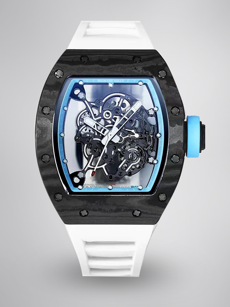 Best Replica RICHARD MILLE RM 055 Skeleton Watch – Swiss Movement Super Clone, Carbon Fiber Case, Sporty White Rubber Strap