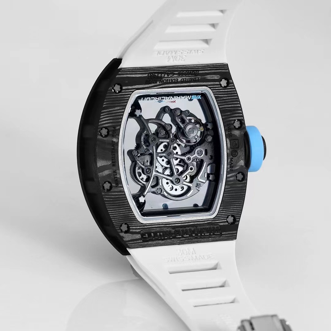 Best Replica RICHARD MILLE RM 055 Skeleton Watch – Swiss Movement Super Clone, Carbon Fiber Case, Sporty White Rubber Strap - Image 8