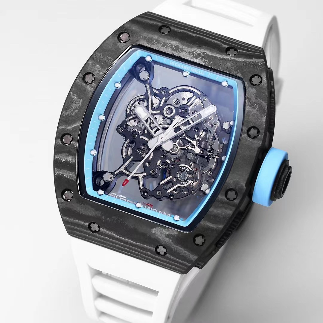 Best Replica RICHARD MILLE RM 055 Skeleton Watch – Swiss Movement Super Clone, Carbon Fiber Case, Sporty White Rubber Strap - Image 3