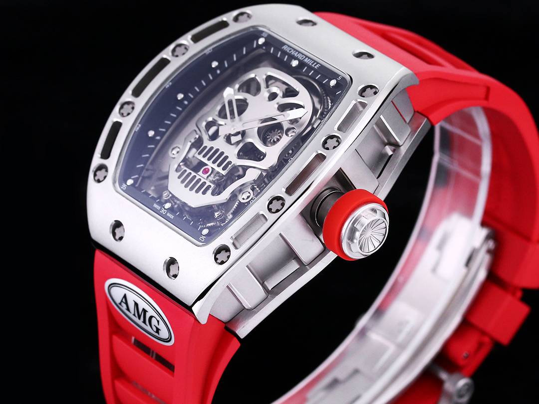 Best Swiss Replica RICHARD MILLE RM 52 Tourbillon Super Clone Watch – Skull Skeleton Dial, Red Strap - Image 6