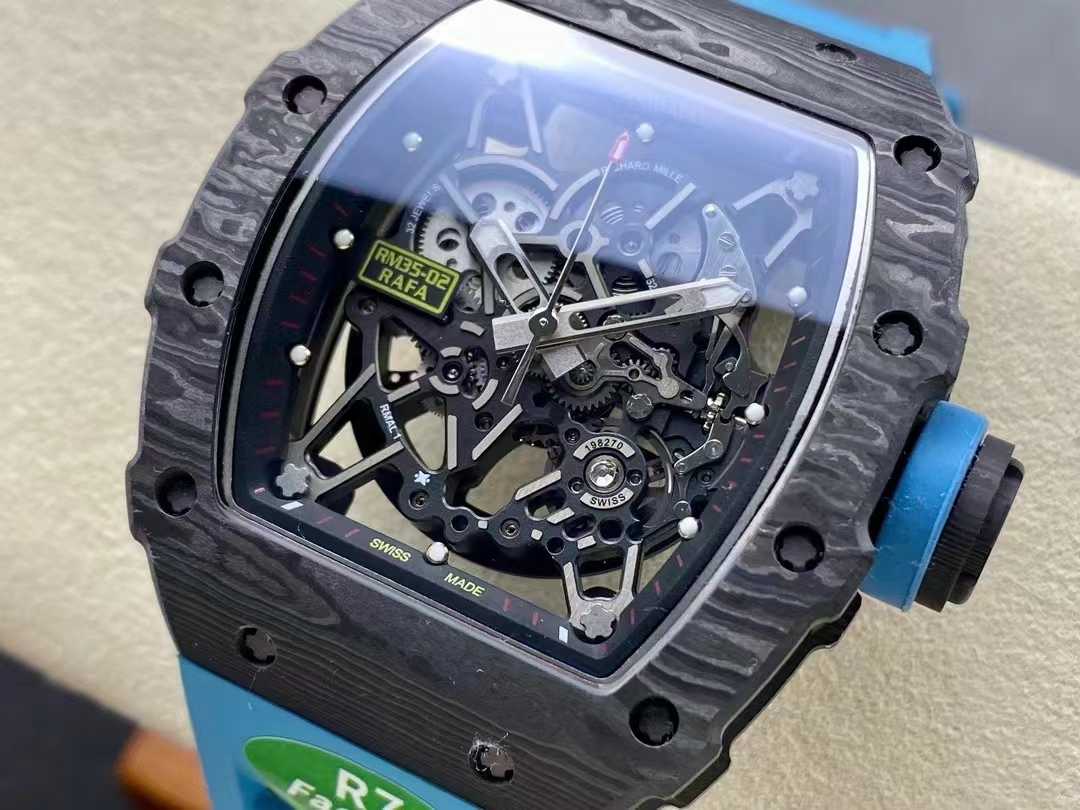 Replica Richard Mille RM 35-02 Swiss NTPT Carbon Fiber Case, Blue Rubber Strap Watch - Image 9