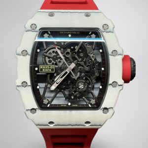 Richard Mille RM 35-01 Replica Rafael Nadal White Carbon Case Red Strap Watch | Swiss Movement, Skeleton Dial