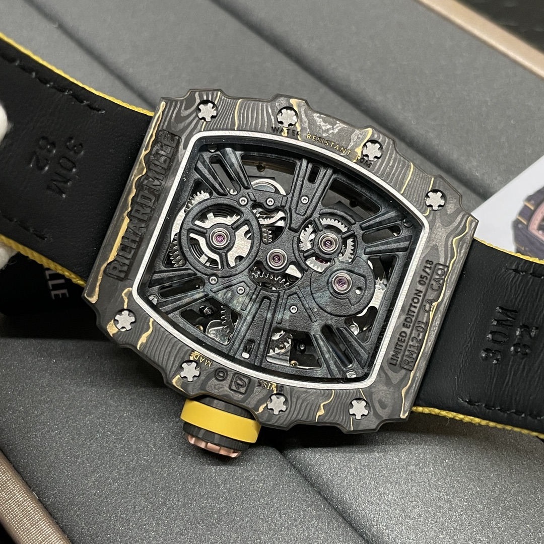 Swiss Replica Richard Mille RM 12-01 Tourbillon Watch – Bold Yellow Fabric Strap, Carbon Fiber Barrel Case, Skeleton Dial - Image 9