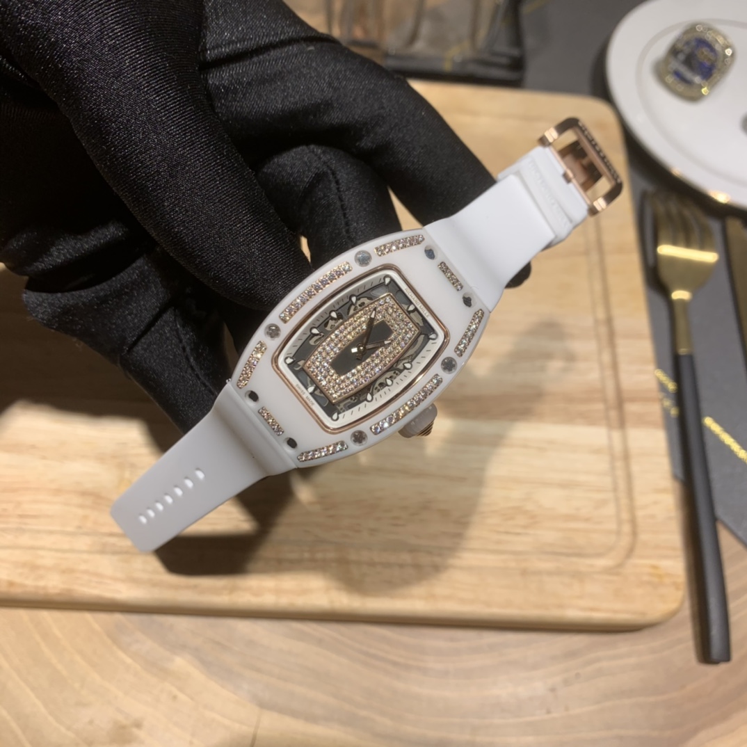 Elegant Swiss Richard Mille RM 07-01 Replica White Ceramic & Rose Gold Diamond Dial Watch – Luxury Style For Women - Image 3