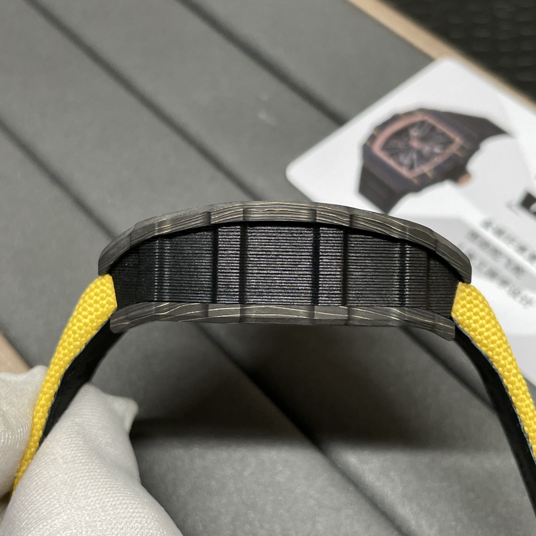 Swiss Replica Richard Mille RM 12-01 Tourbillon Watch – Bold Yellow Fabric Strap, Carbon Fiber Barrel Case, Skeleton Dial - Image 7
