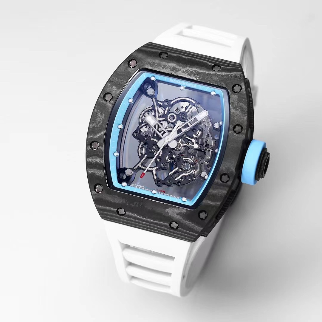 Best Replica RICHARD MILLE RM 055 Skeleton Watch – Swiss Movement Super Clone, Carbon Fiber Case, Sporty White Rubber Strap - Image 4