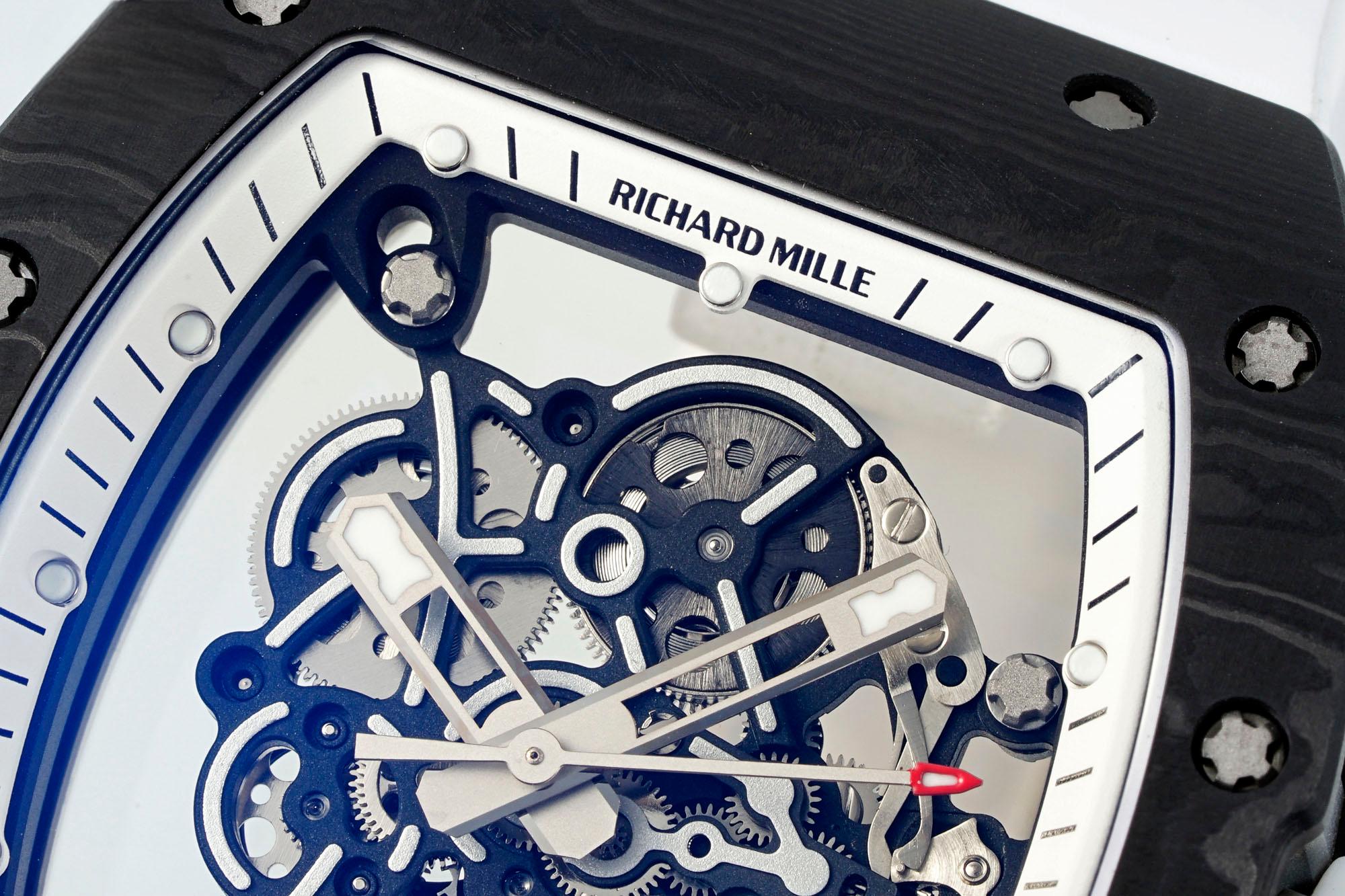 Richard Mille RM055 Skeleton Swiss Replica, Titanium Carbon Fiber Case, White Rubber Strap - Image 4
