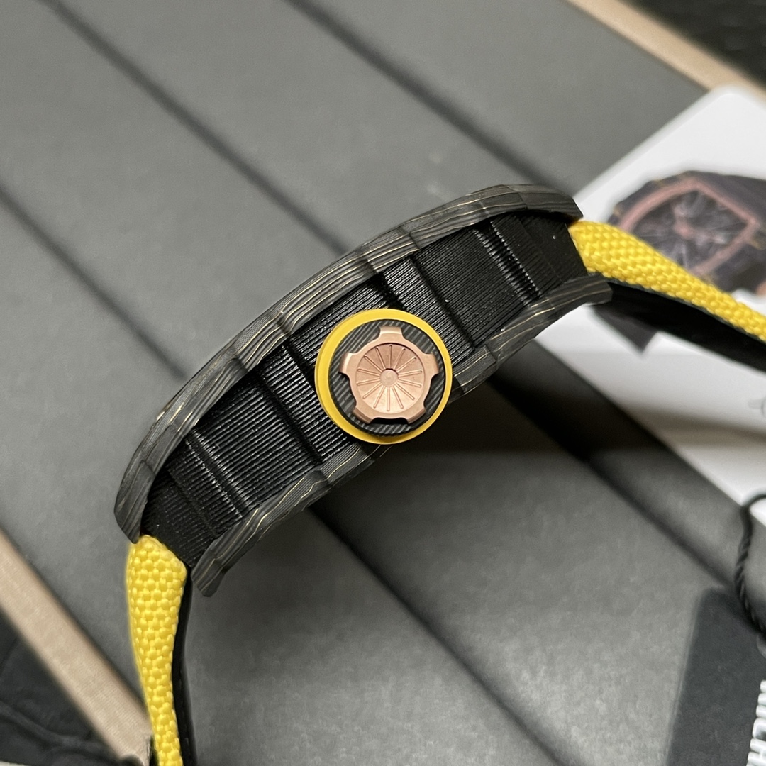 Swiss Replica Richard Mille RM 12-01 Tourbillon Watch – Bold Yellow Fabric Strap, Carbon Fiber Barrel Case, Skeleton Dial - Image 8