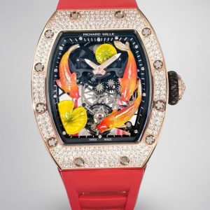Replica Richard Mille RM S10 Koi Tourbillon Watch Rose Gold with Diamond – Red Leather Strap