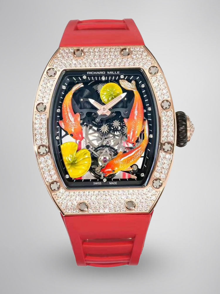 Replica Richard Mille RM S10 Koi Tourbillon Watch Rose Gold with Diamond – Red Leather Strap
