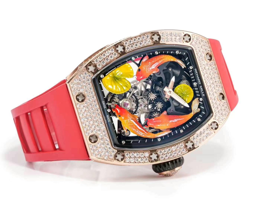 Replica Richard Mille RM S10 Koi Tourbillon Watch Rose Gold with Diamond – Red Leather Strap - Image 8