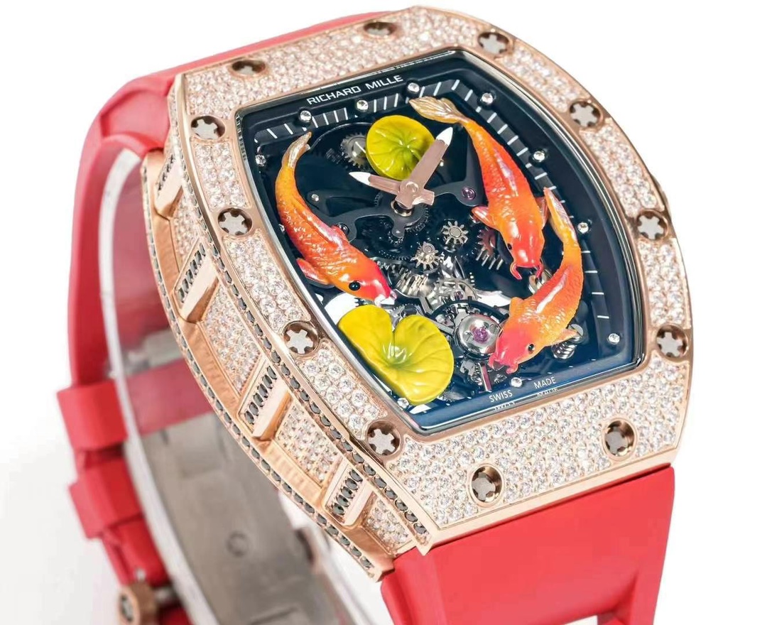 Replica Richard Mille RM S10 Koi Tourbillon Watch Rose Gold with Diamond – Red Leather Strap - Image 2