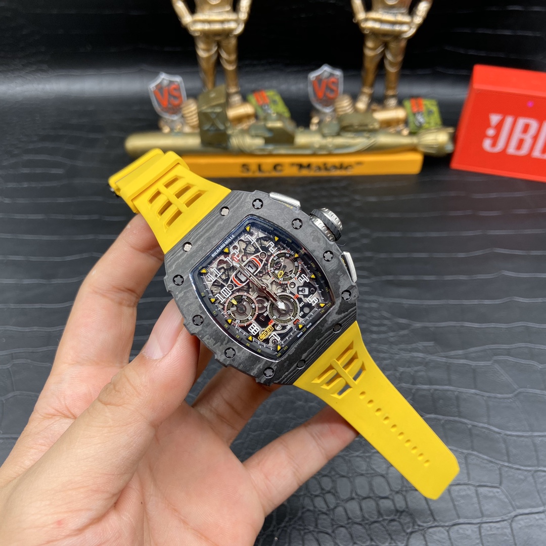 Best Swiss Replica Richard Mille RM 011 Skeleton Dial Watch – Carbon Fiber Case, Yellow Rubber Strap - Image 4