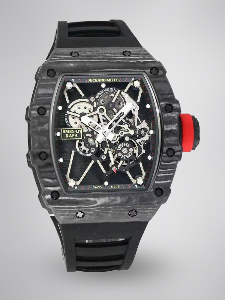 Richard Mille RM 35-01 Rafael Nadal Replica Swiss Watch – Skeleton Dial, NTPT Carbon Case, Black Rubber Strap