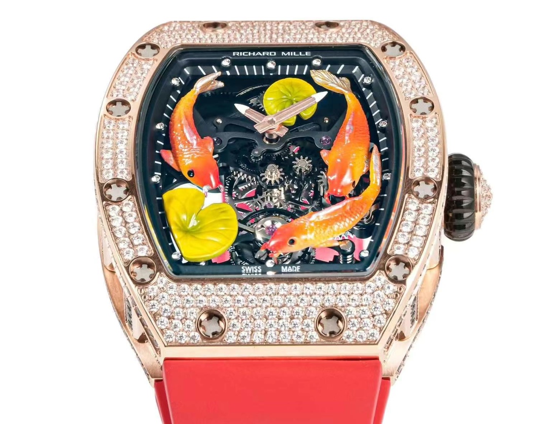 Replica Richard Mille RM S10 Koi Tourbillon Watch Rose Gold with Diamond – Red Leather Strap - Image 4