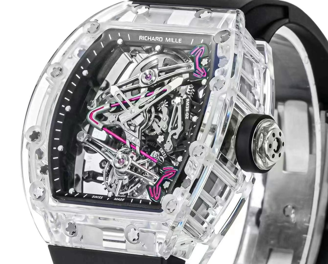 Replica Richard Mille RM 38-02 Pink Themed Crystal Skeleton Tourbillon Black Rubber Strap Watch - Image 5