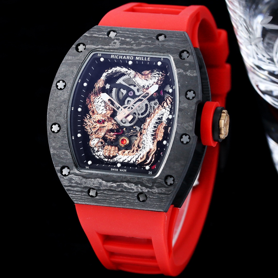 Swiss Replica Richard Mille RM 57-03 Dragon Skeleton Dial, Carbon Fiber Case, Red Rubber Strap Luxury Watch - Image 5