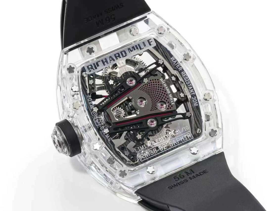 Replica Richard Mille RM 38-02 Pink Themed Crystal Skeleton Tourbillon Black Rubber Strap Watch - Image 7
