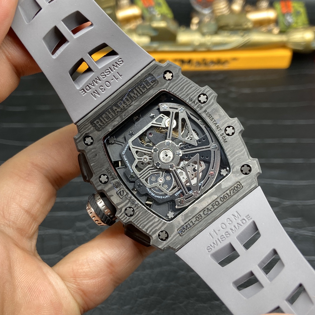 Swiss Richard Mille RM 11 Replica – 49mm Carbon Case, Skeleton Dial, Grey Rubber Strap - Image 9