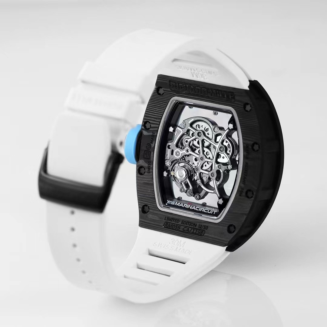 Best Replica RICHARD MILLE RM 055 Skeleton Watch – Swiss Movement Super Clone, Carbon Fiber Case, Sporty White Rubber Strap - Image 9