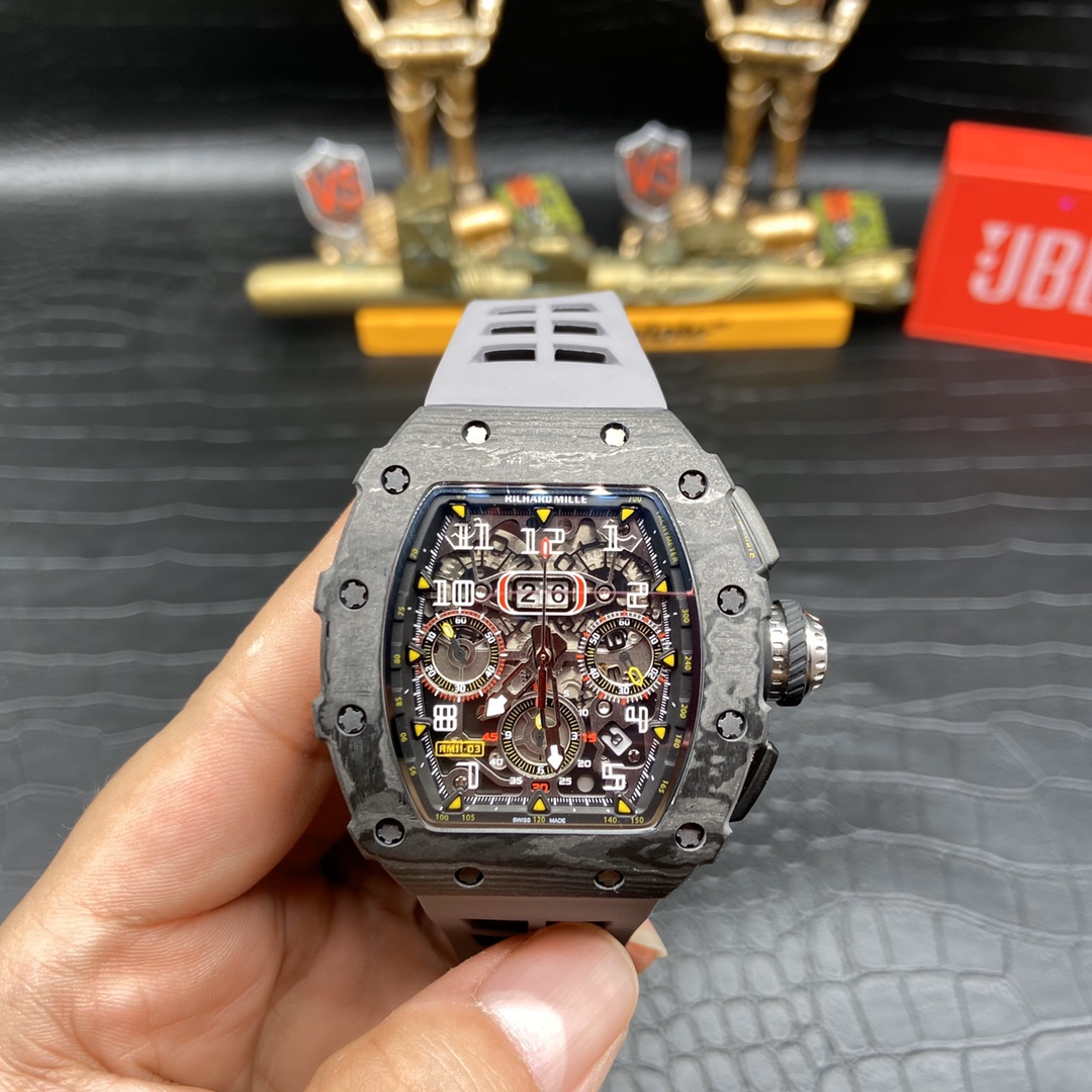 Swiss Richard Mille RM 11 Replica – 49mm Carbon Case, Skeleton Dial, Grey Rubber Strap - Image 2