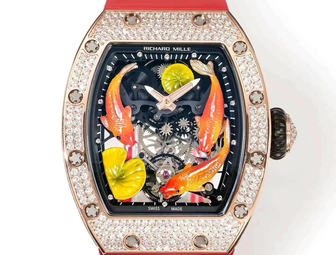 Replica Richard Mille RM S10 Koi Tourbillon Watch Rose Gold with Diamond – Red Leather Strap - Image 5