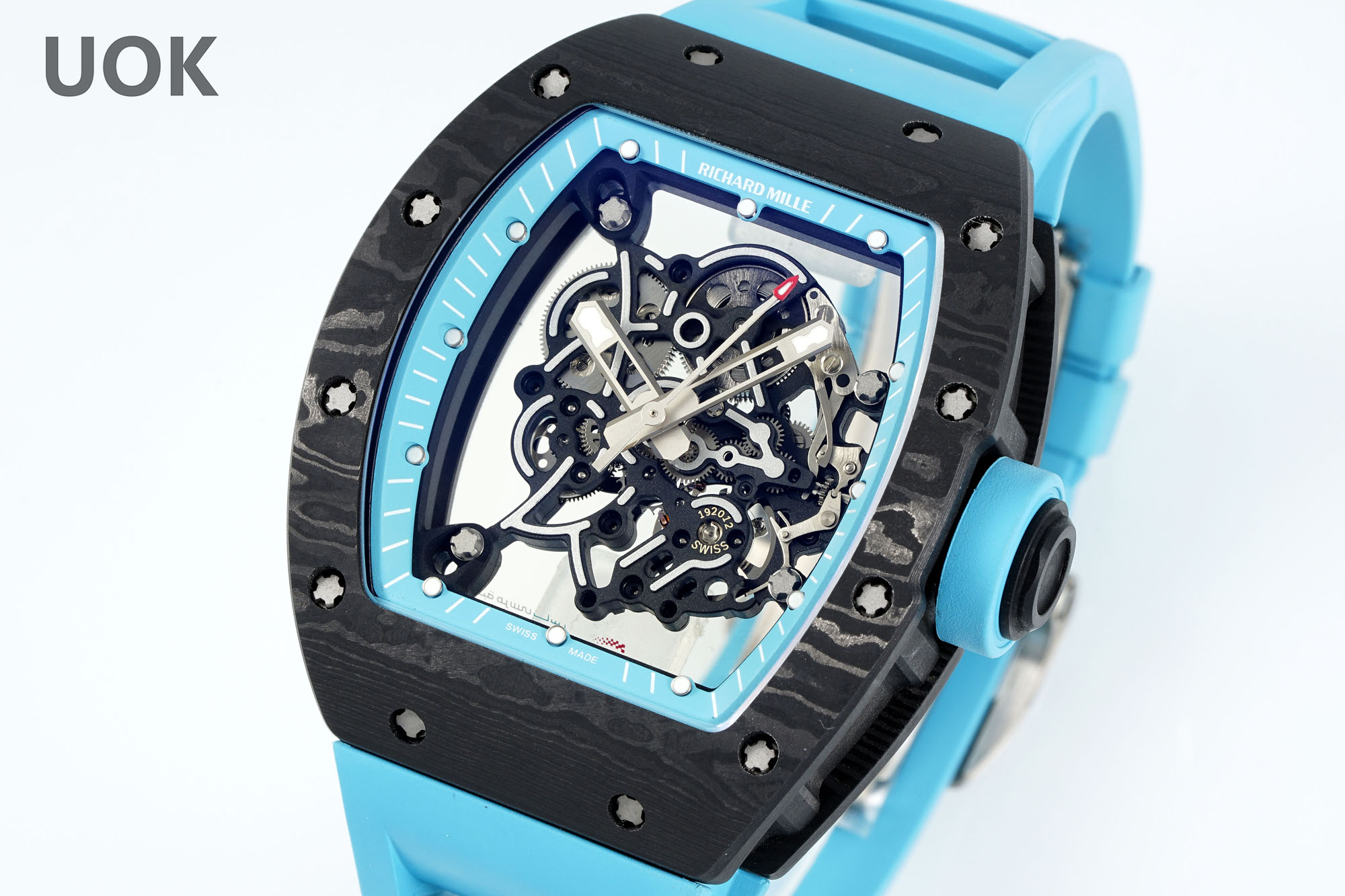 Best Replica RICHARD MILLE RM 55 – Swiss Movement Super Clone with Carbon Case & Blue Rubber Strap - Image 4