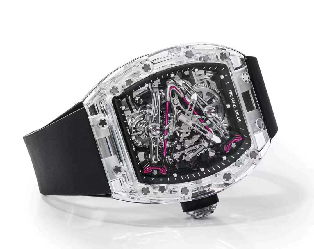 Replica Richard Mille RM 38-02 Pink Themed Crystal Skeleton Tourbillon Black Rubber Strap Watch - Image 4