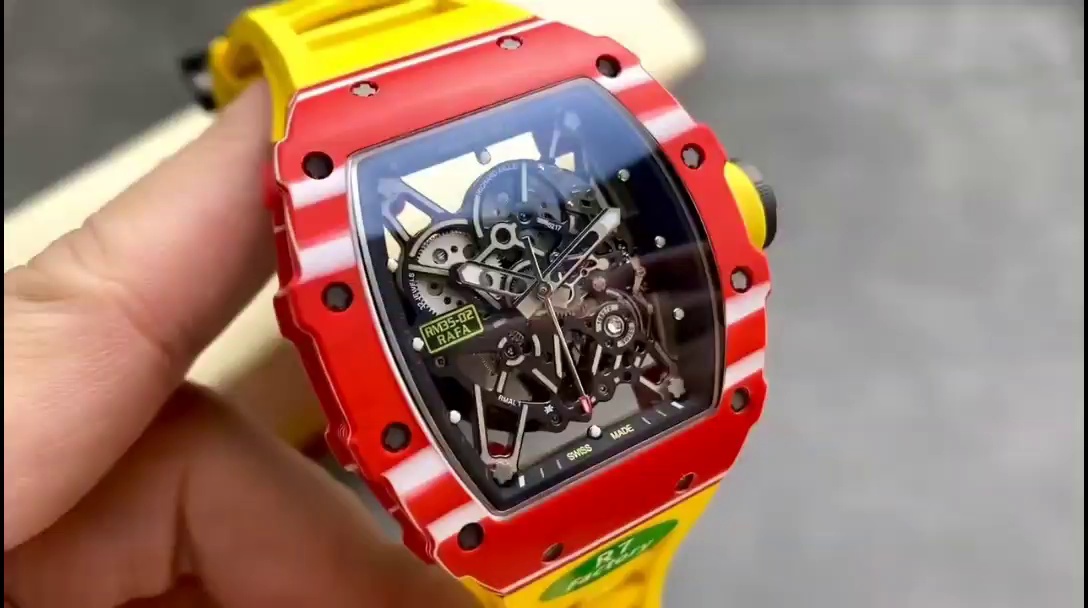 Best Richard Mille RM35-02 Replica – Red Carbon Case, Yellow Strap, Swiss Movement, Skeleton Dial - Image 5