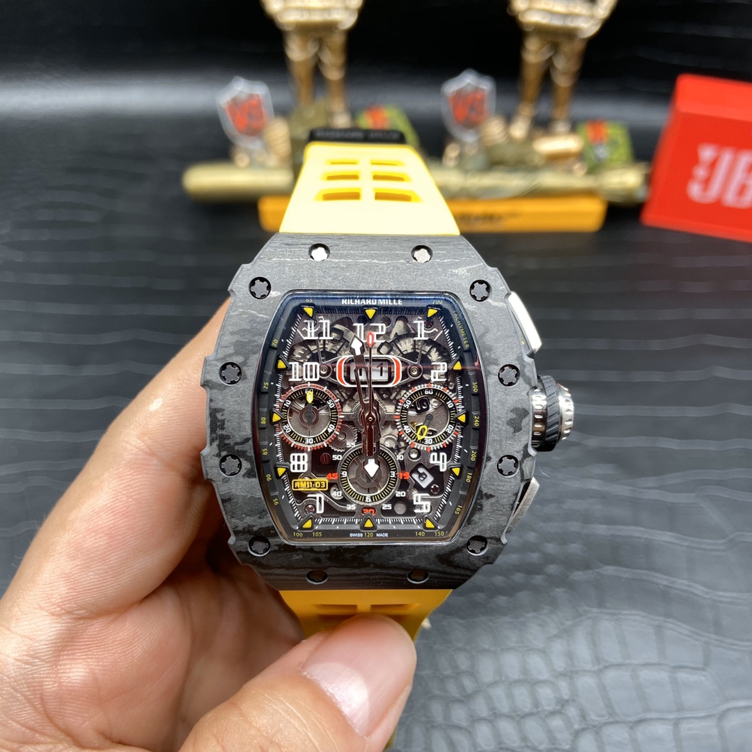 Best Swiss Replica Richard Mille RM 011 Skeleton Dial Watch – Carbon Fiber Case, Yellow Rubber Strap - Image 2