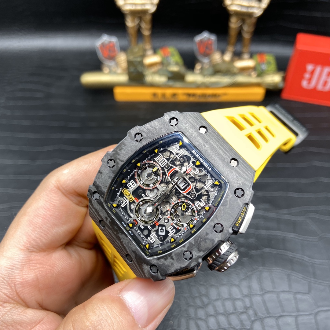 Best Swiss Replica Richard Mille RM 011 Skeleton Dial Watch – Carbon Fiber Case, Yellow Rubber Strap - Image 5