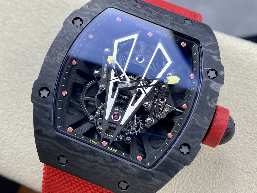 Swiss Replica Richard Mille RM27-03 Black Carbon Fiber Case with Red Woven Strap - Image 6