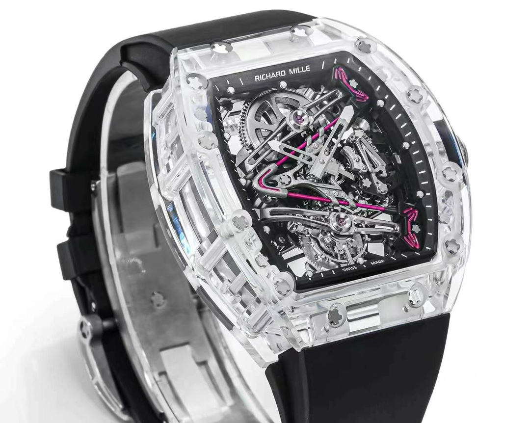Replica Richard Mille RM 38-02 Pink Themed Crystal Skeleton Tourbillon Black Rubber Strap Watch - Image 2