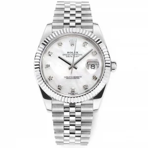 Rolex Datejust 41mm Silver Stainless Steel Watch with Diamond Dial, Fluted Bezel