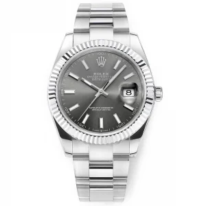 Rolex Datejust 41mm Watch – Silver Fluted Bezel, Grey Dial, Stainless Steel Bracelet Rolex
