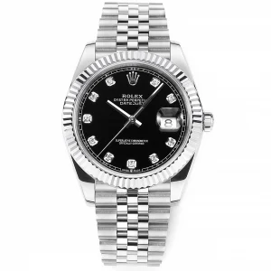 Rolex Datejust 41mm Watch – Silver with Black Dial, Diamond Markers