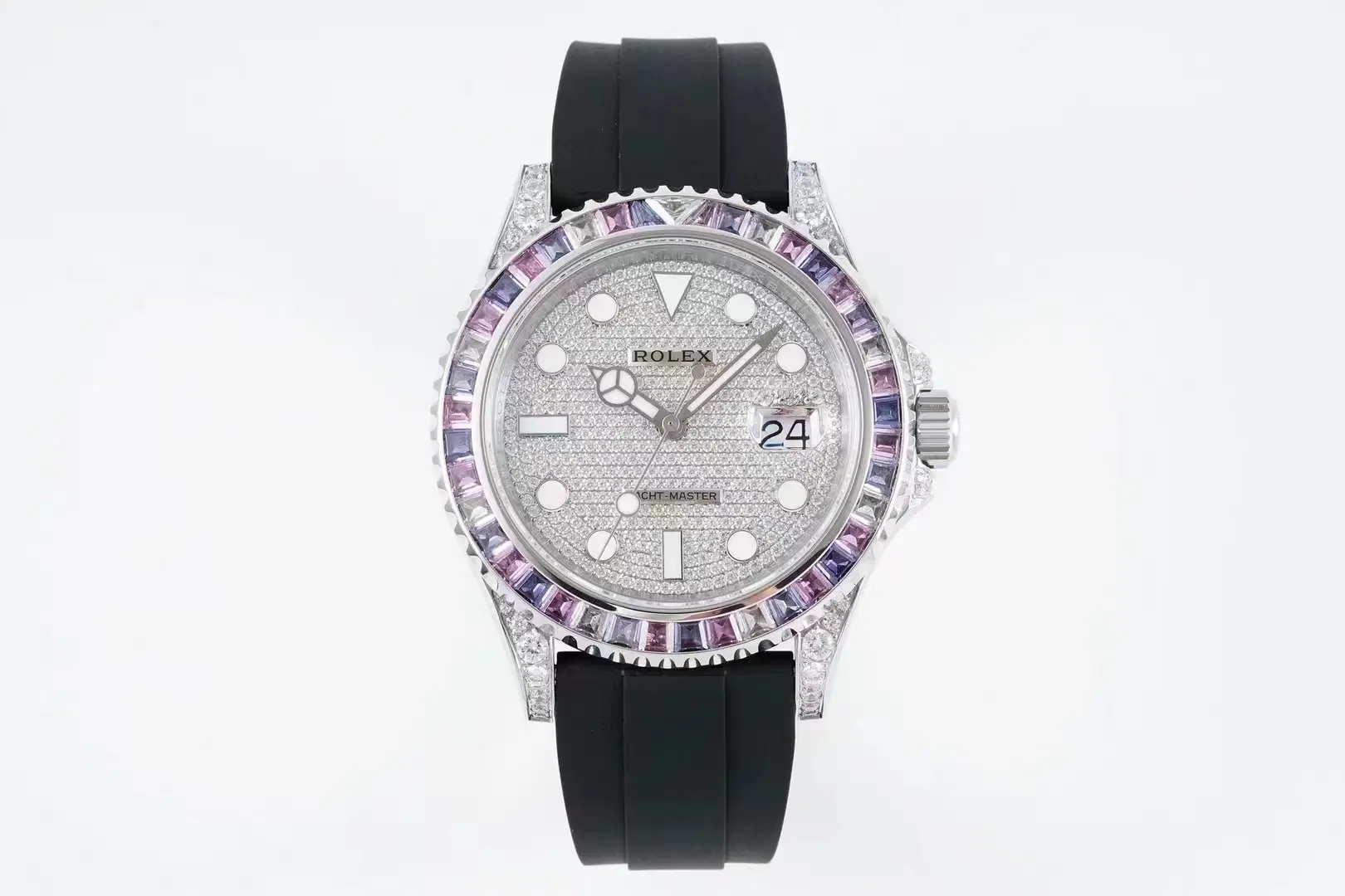 Rolex Yacht-Master 42mm Platinum Case Watch with Diamond & Amethyst Bezel and Black Rubber Strap